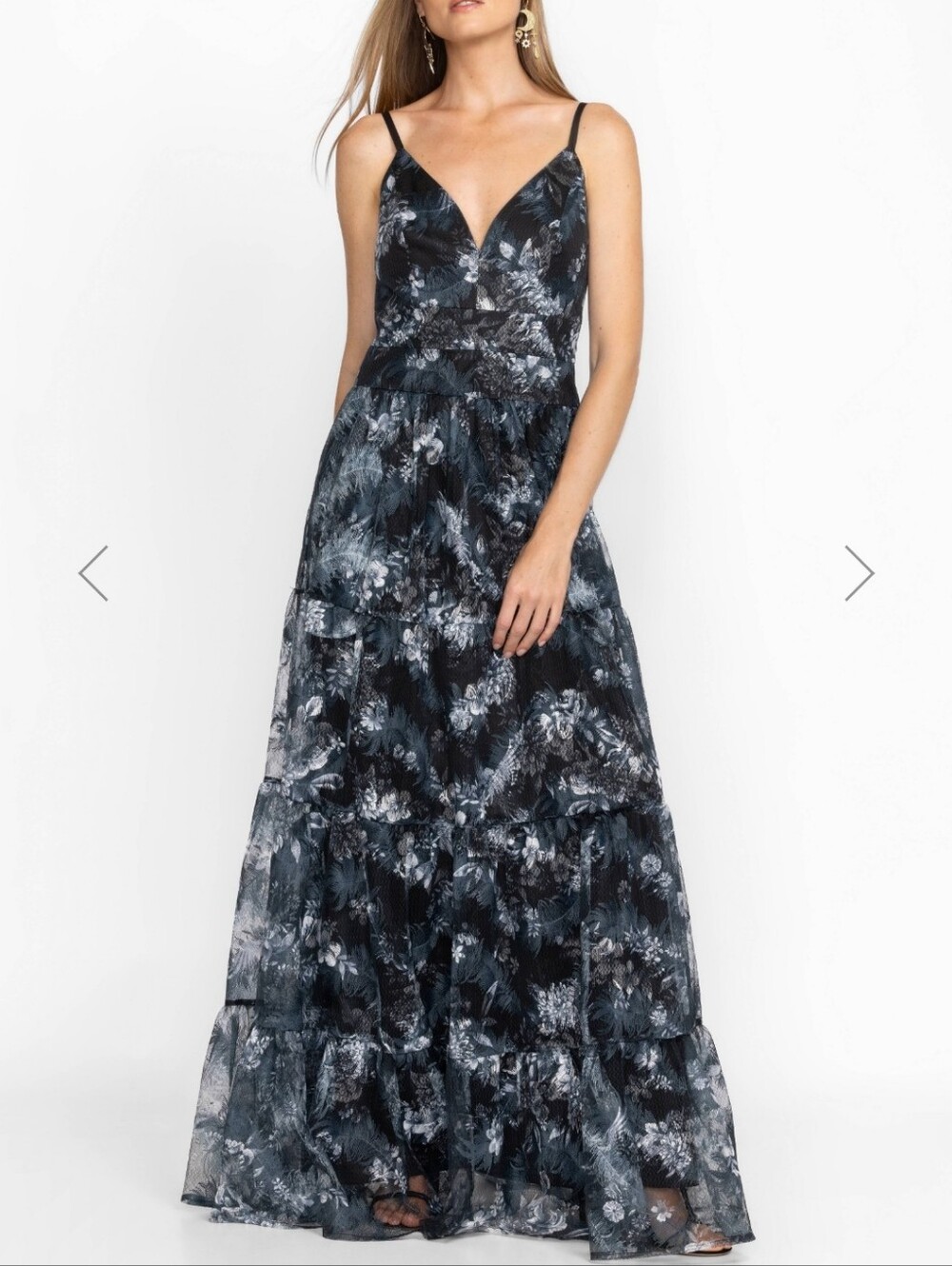 Johnny Was Black and White Floral Spaghetti-Strap Tiered Maxi Dress